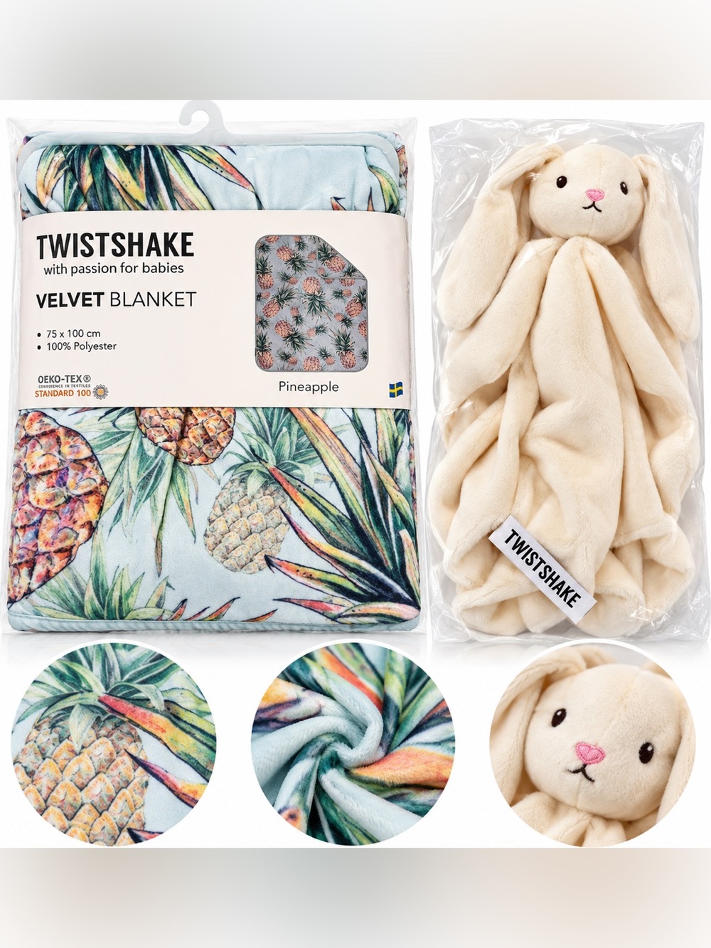 Pineapple Velvet Baby Blanket & Bunny Plush - Light Blue & Cream